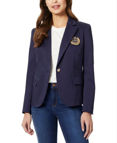 Jones New York Women's Long Sleeve 1 Button Blazer Jacket with Crest 10833712