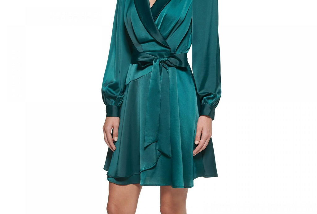vince camuto satin wrap dress Vince Camuto Crepe Back Satin Long Sleeve Faux Wrap Dress Fit-and-Flare with Self Sash Fuchsia 2 at Amazon Women's Clothing store