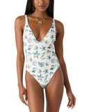 O'Neill Edgewater One Piece Swimsuit with Plunge Neck Vanilla Blue Multi S