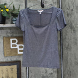 LC Lauren Conrad Womens Square Neck Short Sleeve Shirt Top Shiny Dark Blue M
