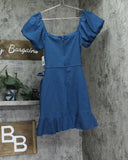Trixxi Puff-Sleeve Side-Tie Fit Flare Faux Wrap Mini Dress Dark Teal Blue S