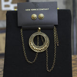 New York & Company Pendant Stud Earring Necklace Set Gold Yellow 18" + 3"