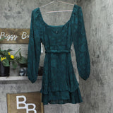 Trixxi Juniors Tie-Waist Ruffled Jacquard Dress Belted 26EB4278FI Hunter Green S