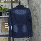 AIOPESON Mens Long Sleeve Distressed Denim Button Up Shirt Dark Blue S