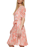 Tommy Hilfiger Womens Tie Front Printed Capelet Fit & Flare Dress Coral Pink 8