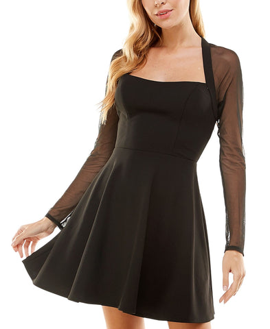 City Studio Juniors Sheer Long Sleeve Mesh Fit Flare Skater Dress Black 0