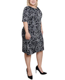 NY Collection Plus Size Elbow Sleeve Side Pleat Dress Night Historic Black 1X