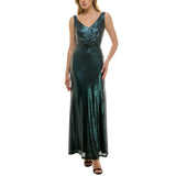 Taylor Sleeveless Stretch Mesh Sequin Cinched Waist Gown Dress Bottle Green 2