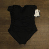 DKNY Womens Ruffle-Bandeau-Neck Tummy Control One Piece Swimsuit Black XL