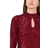 MSK Womens Sequin Keyhole Neck Long Sleeved Top Blouse Dark Wine Red L