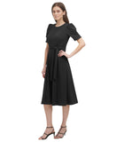 DKNY Women's Puff Sleeve Round Neck Tie Waist Solid Midi Dress Black 12