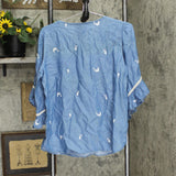Womens Embroidered Bell Sleeve Denim Shirt Top Blue See Measurements