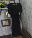 DKNY Women's Puff Sleeve Round Neck Tie Waist Solid Midi Dress Black 12