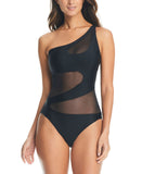 Bar III Womens One-Shoulder Mesh Cutout One Piece Swimsuit MBNB24232 Black L