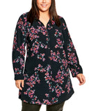 Avenue Womens Button Front Roll Tab Plus Size Print Shirt Black Floral 22W / 24W