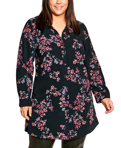 Avenue Womens Button Front Roll Tab Plus Size Print Shirt Black Floral 22W / 24W