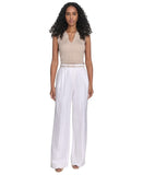 Calvin Klein Womens Pinstriped Pleated Pants Linen Blend Lined White / Khaki 14