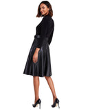 Calvin Klein Women's Matte Jersey Combo Pu Leather Belted Aline Dress Black 2