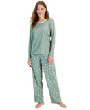 Charter Club Womens Knit Long Sleeve Pajama Shirt Top Winter Tree Toss Green S