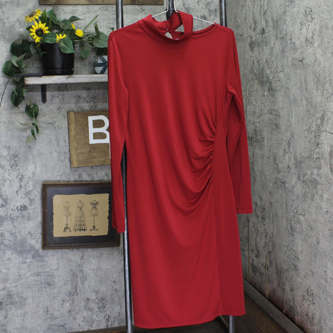 Susan Graver Premier Knit Mock Neck Cold Shoulder Dress Dark Cranberry Red M