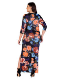 24seven Comfort Apparel 3/4 Sleeves Side Slit Maxi Dress Black Multi Print 3X