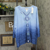 Alfred Dunner Womens V-Neck Knit Plus Size Embroidered Top Blue Ombre 3X