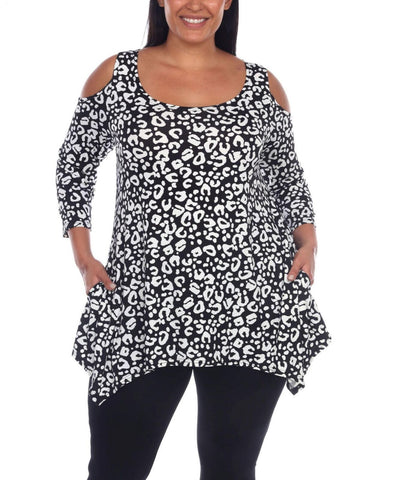 White Mark Womens Plus Size Leopard Cold Shoulder Tunic Top PS1305-LEOPARD