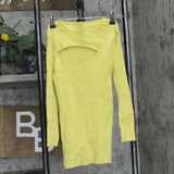 Ribbed Knit Long Sleeve Chest Cutout Stretch Shirt Top Yellow See Measurements