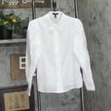 Aqua Button Up Lace Trim Blouse IBO26719 White XS