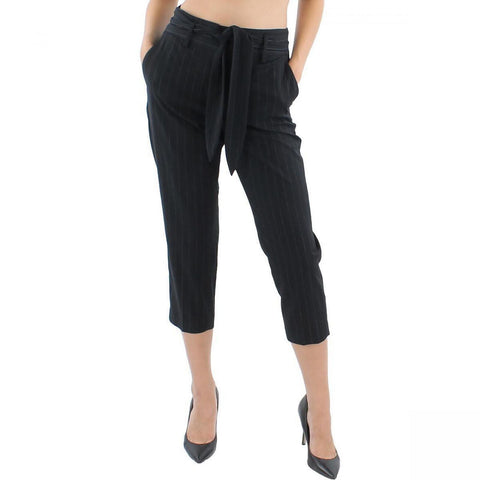 DKNY Womens Straight Leg Ankle Cropped Belted Pants XJ1PS623 Black Striped 4P