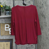 Ny Collection Womens Long Sleeve Crepe Knit Zipper V-Neck Tee Burgundy Red 1X