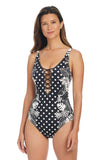 Bleu Rod Beattie Trouble Lace Down One Piece Swimsuit Black / Ivory Multi 12