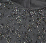 Mac Duggal Beaded Tea Length Dress Gown with Sheer Sleeves Charcoal Gray 8
