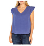 Three Dots Short Sleeve V-Neck Double Layer Cotton Gauze Shirt Periwinkle Blue L