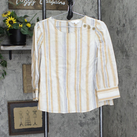 Woven Long Sleeve Button Accent Blouse Shirt Top Brown Multi See Measurements