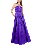 B. Darlin Halter-Tie Taffeta Gown with Ruched Bodice 932X423 Purple 7/8