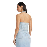Universal Thread Womens Cropped Sleeveless Denim Halter Shirt Light Wash Blue L