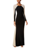 Xscape Women's Caviar Bead Sleeves Long Sleeve Gown Dress 409X Black / Nude 10