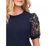 Cece Womens Scattered Daisy Puff Sleeve Knit Shirt 7021663 Navy Blue M