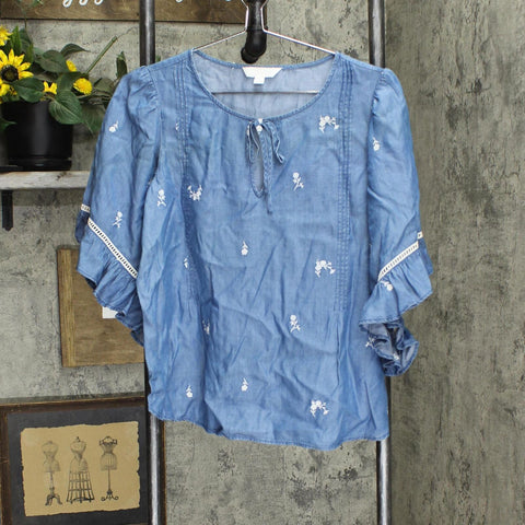 Womens Lightweight Denim Bell Sleeve Blouse Shirt Top Blue See Measurements