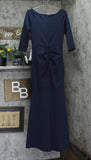 Xscape 3/4 Sleeve V-Neck Side Ruched Pleated Ruffled Gown Dress Midnight Blue 8