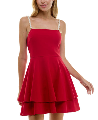City Studios Pearl-Strap Sleeveles Tiered Fit & Flare Dress Garnet Red 7/8