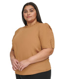 Calvin Klein Womens Plus Size Ruffle-Neck Button-Sleeve Shirt Luggage Brown 2X
