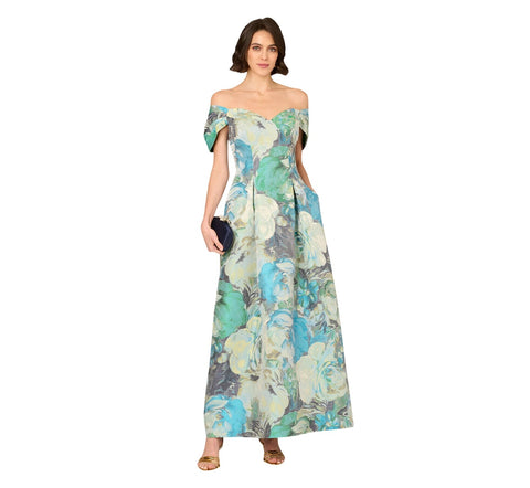 Aidan Mattox by Adrianna Papell Floral Jacquard Pleated Gown Dress Blue Multi 18