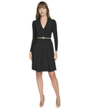 Tommy Hilfiger Pleated V Neck Fit Flare Long Sleeved Knit Midi Dress Black 4