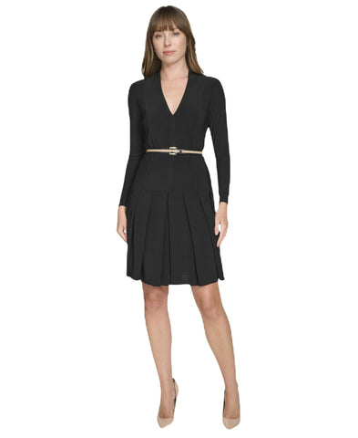 Tommy Hilfiger Pleated V Neck Fit Flare Long Sleeved Knit Midi Dress Black 4