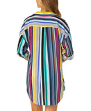 Anne Cole Cover Up Shirt with Buttons Roll Tab Barcode Stripe Blue Multi L/XL