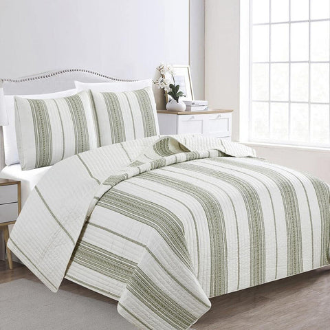 Woverly Stripe King Microfiber 3-Piece Quilt Set Bedspread White / Green King