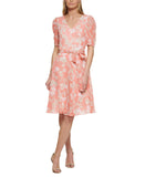 Tommy Hilfiger Womens Tie Front Printed Capelet Fit & Flare Dress Coral Pink 8