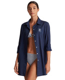 Lauren Ralph Lauren Embroidered Button Up Shirt Swim Cover Up Dark Navy Blue S